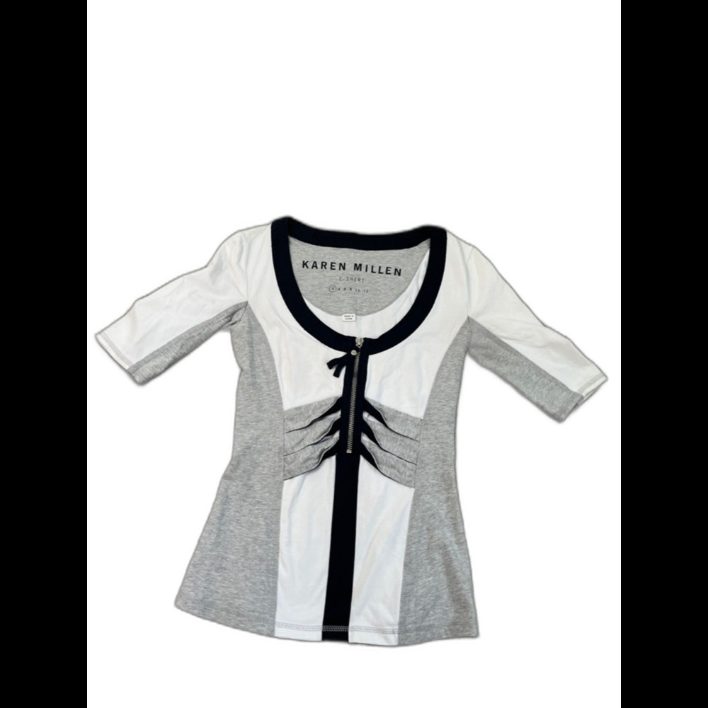 Karen Millen Bodycon T Shirt White, Gray & Black Zip Front Panel Cotton Size 2